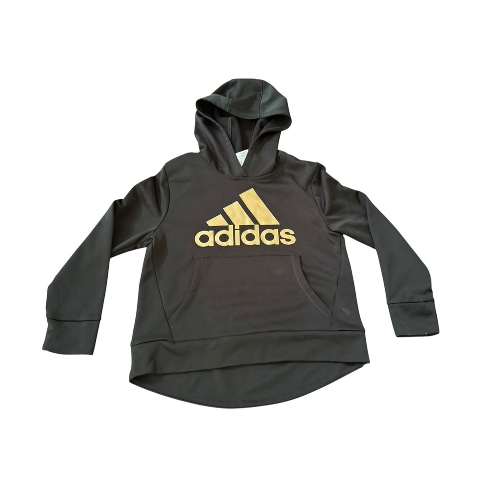 Adidas Youth Hoodie Black Gold Logo Hi-Low Hem Pullover Sweatshirt Kids M 10/12